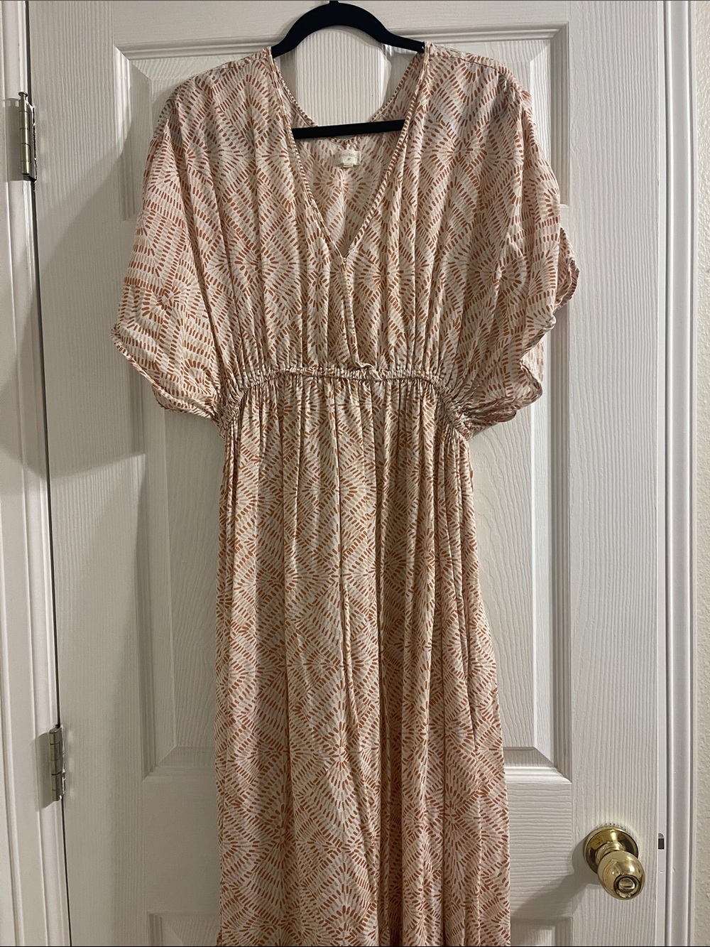 Cost Plus World Market Cream and Tan Printed V-Neck Maxi Dress